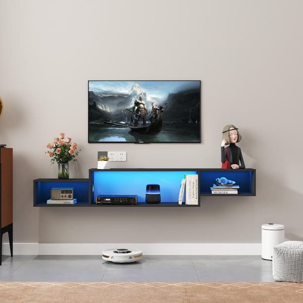 65 in. W x 9 in. D Black Composite Decorative Wall Shelf, Floating Entertainment Center Wall Mounted Floating TV Stand