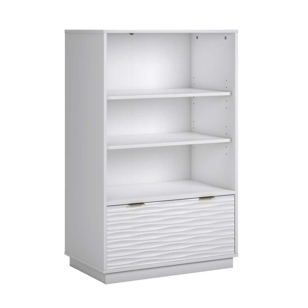 White Adjustable Wood Bookcase with Drawer and Shelves