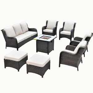Erie Lake Brown 8-Piece Wicker Outdoor Patio Fire Pit Seating Sofa Set and with Beige Cushions