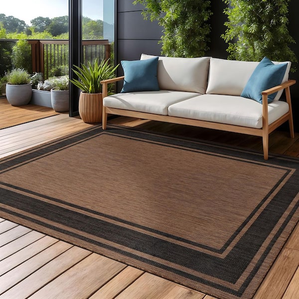 Essence Gold/Black 8 ft. x 10 ft. Bordered Easy to Clean Indoor Outdoor Area Rug
