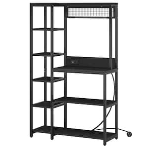 Black 5+ Shelves Wood 39.37 in. W Baker's Rack Storage Kitchen Utility Power Outlets Home Office