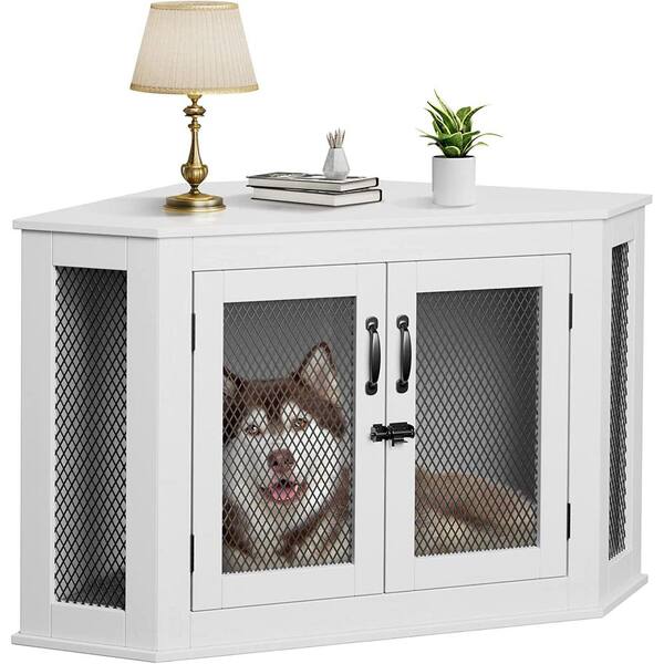 FUFU&GAGA White Wood & Metal 52 in. W Storage Corner Table With