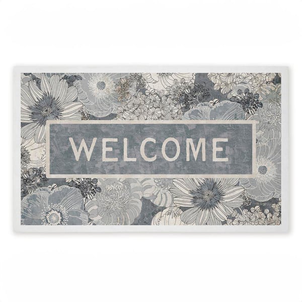 Welcome on Detailed Blooms Blue 18 in. x 30 in. Polyester Non-Slip Outdoor Door Mat