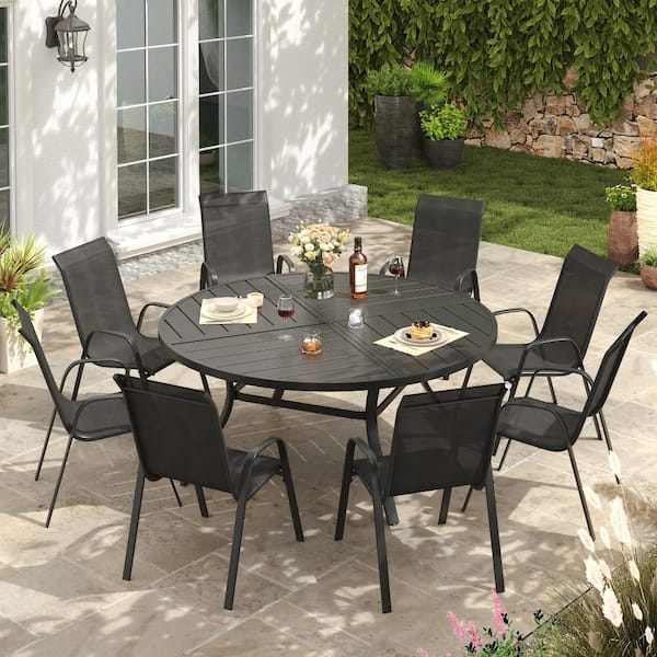 Black 9-Piece Metal Round Outdoor Patio Dining Set with 8 Stackable Textilene Dining Chairs in Brown