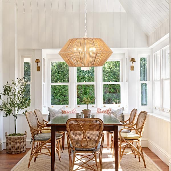 4-Light White Drum Hanging Linear Chandelier Lighting with Paper Rattan Shaded for Kitchen Island