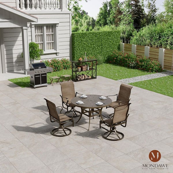 5-Piece Brown Cast Aluminum Outdoor Patio Dining Set with Round Retro Table and Textilene Seat Swivel Chairs
