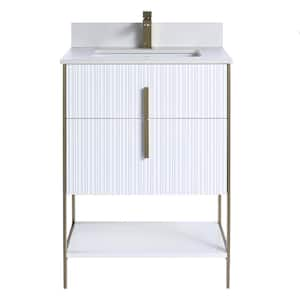 24 in. W x 18 in. D x 33.5 in. H Bath Vanity in Matte White with White Sintered Stone Top with Satin Brass Hardware