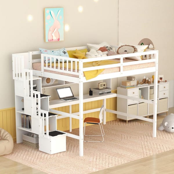 Deborah White Full Size Loft Bed with Built-in Desk, Storage Shelves, Storage Staircase