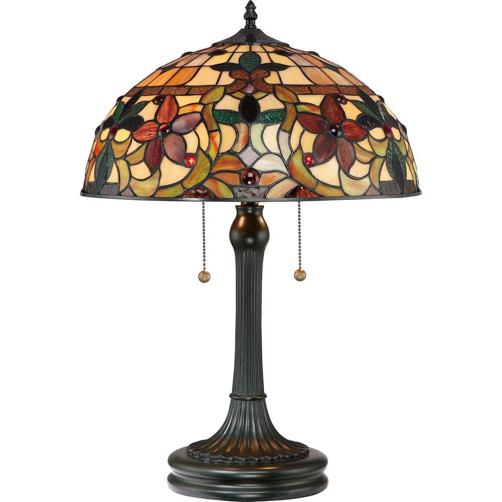 Vintage Bronze Tiffany Style Stained Glass Table Lamp