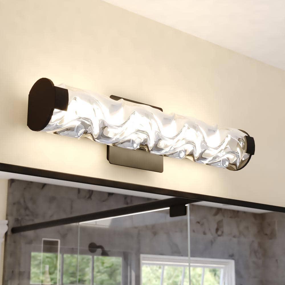 Marseille 24 in. W 1-Light Matte Black LED Vanity Light Fixture Contemporary Clear Wave Glass Bathroom Wall Lighting price history on PriceWatchPro