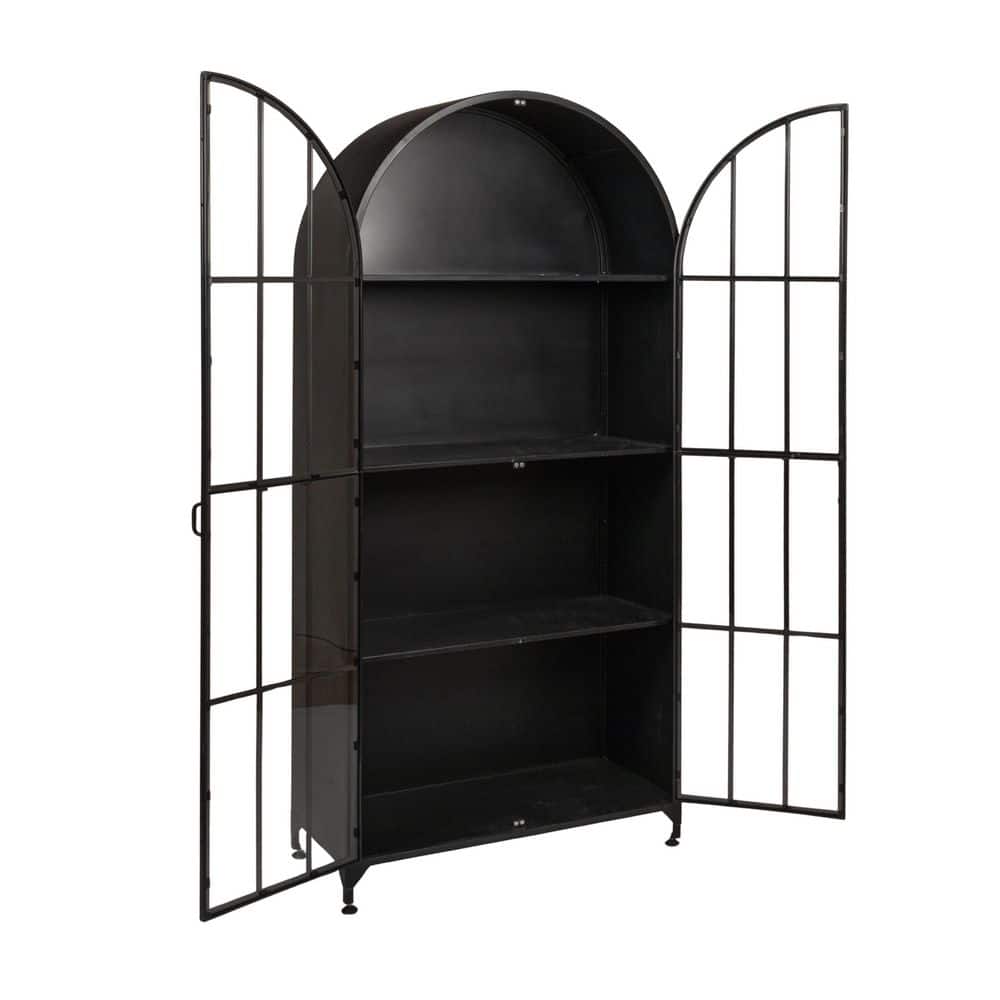 Arched Black Iron and Glass Office Storage Cabinet