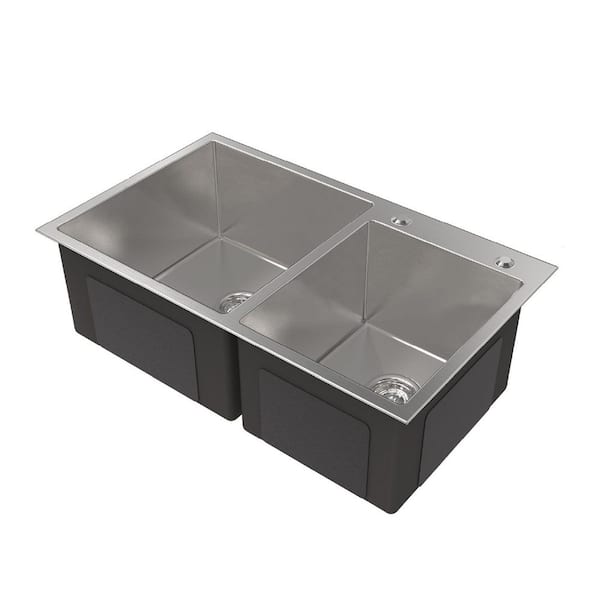 Inoxa 32 in. x 19 in. Drop-In Double Bowl 16-Gauge Stainless Steel Kitchen Sink in Brushed Nickel