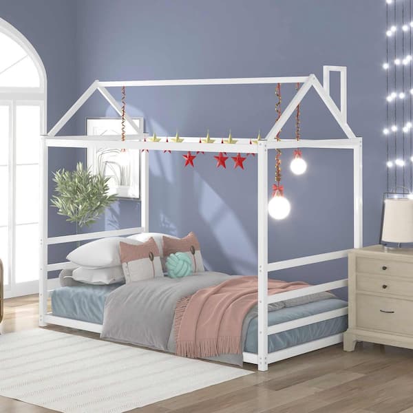 White Metal Frame Twin Size Platform Bed with Roof and Chimney Design