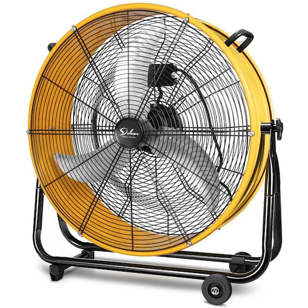 24 in. 3 fan speeds Metal Drum Fan in Yellow, High Velocity Air Movement Nonskid Legs with Castors and Aluminum Blades