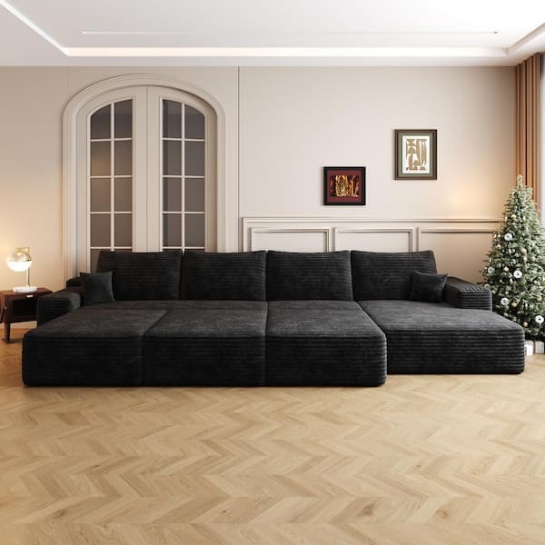 Modern Collection 135 in. Square Arm 8-Piece Corduroy Rectangular Deep Seat Upholstered Sofa Bed Sectional Sofa in Black