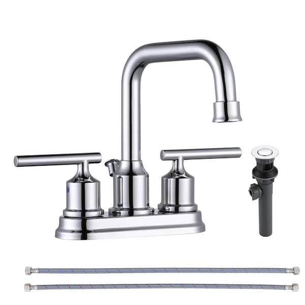 4 in. Centerset Double Handle High Arc Bathroom Faucet with Drain Kit and Supply Lines Included in Polished Chrome