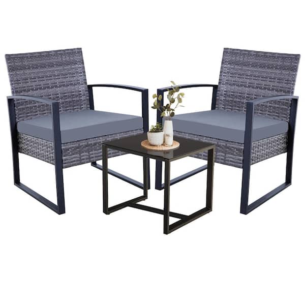 JUSKYS Gray 3-Piece Wicker Outdoor Patio Conversation Set with Gray Cushions