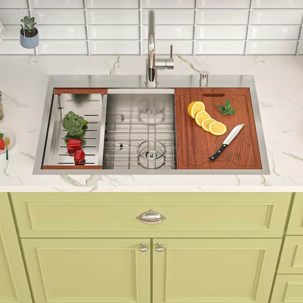 30 in. Drop in Single Bowl 16-Gauge Brushed Nickel Workstation Stainless Steel Kitchen Sink with Bottom Grids