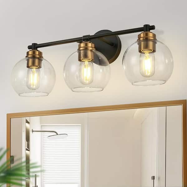 22 in. 3-Light Black and Gold Vanity Light with Clear Glass Shades Wall Sconce for Bathroom
