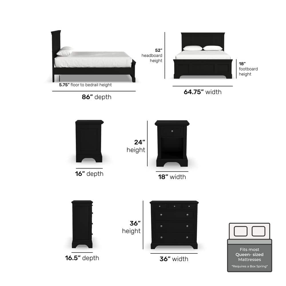 Ebony Black Queen Bed Set with Nightstand and Chest