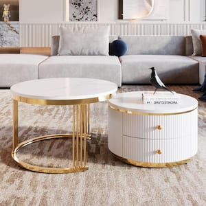 Modern 27.6 in. White and Gold Wood Nesting End Table Coffee Table with Drawers