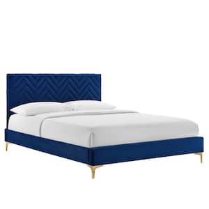 Leah Chevron Tufted Blue Performance Velvet Frame Full Platform Bed with Gold Metal Legs With Foot Caps