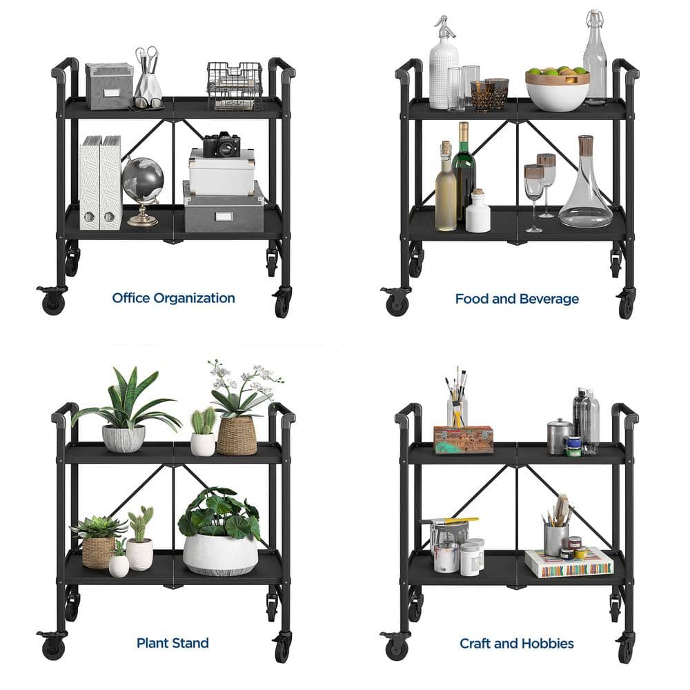 Black Steel 2-Shelf Rolling Serving Cart with Locking Wheels