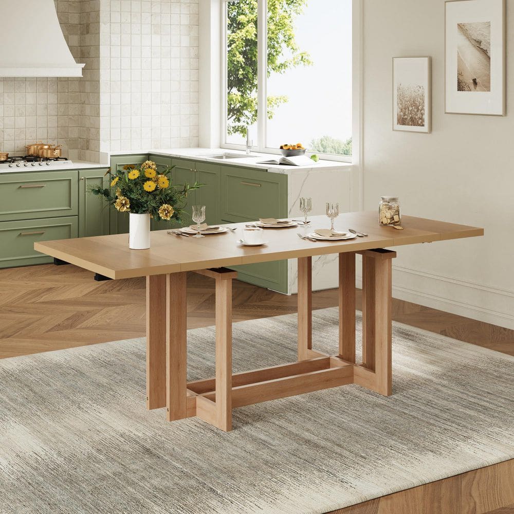 Sudzendf Natural Wood Rectangular Extendable Dining Table with Two 12 ...