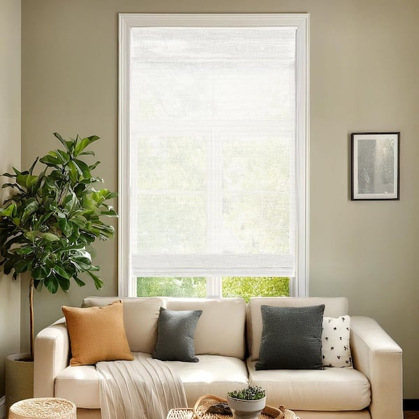 Light-Filtering Cordless Bottom-Up Mesh White Bamboo Window Shade 70 in. W x 72 in. L