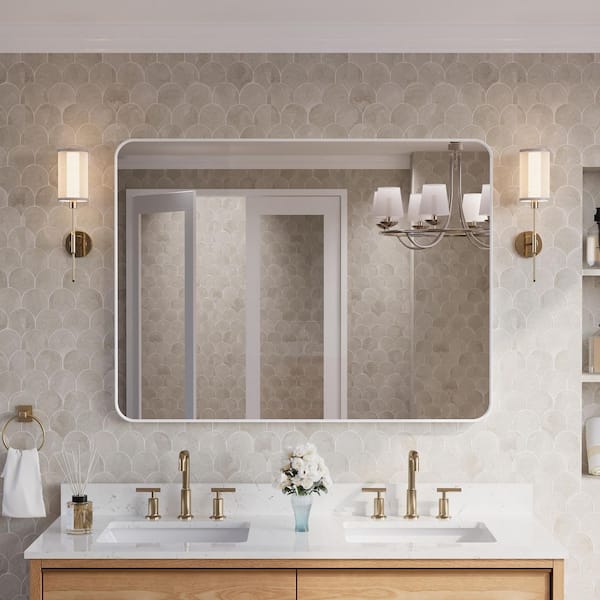 ANGELES HOME 48 in. W x 36 in. H Rectangular Aluminum Framed Wall-Mounted Bathroom Vanity Mirror in White