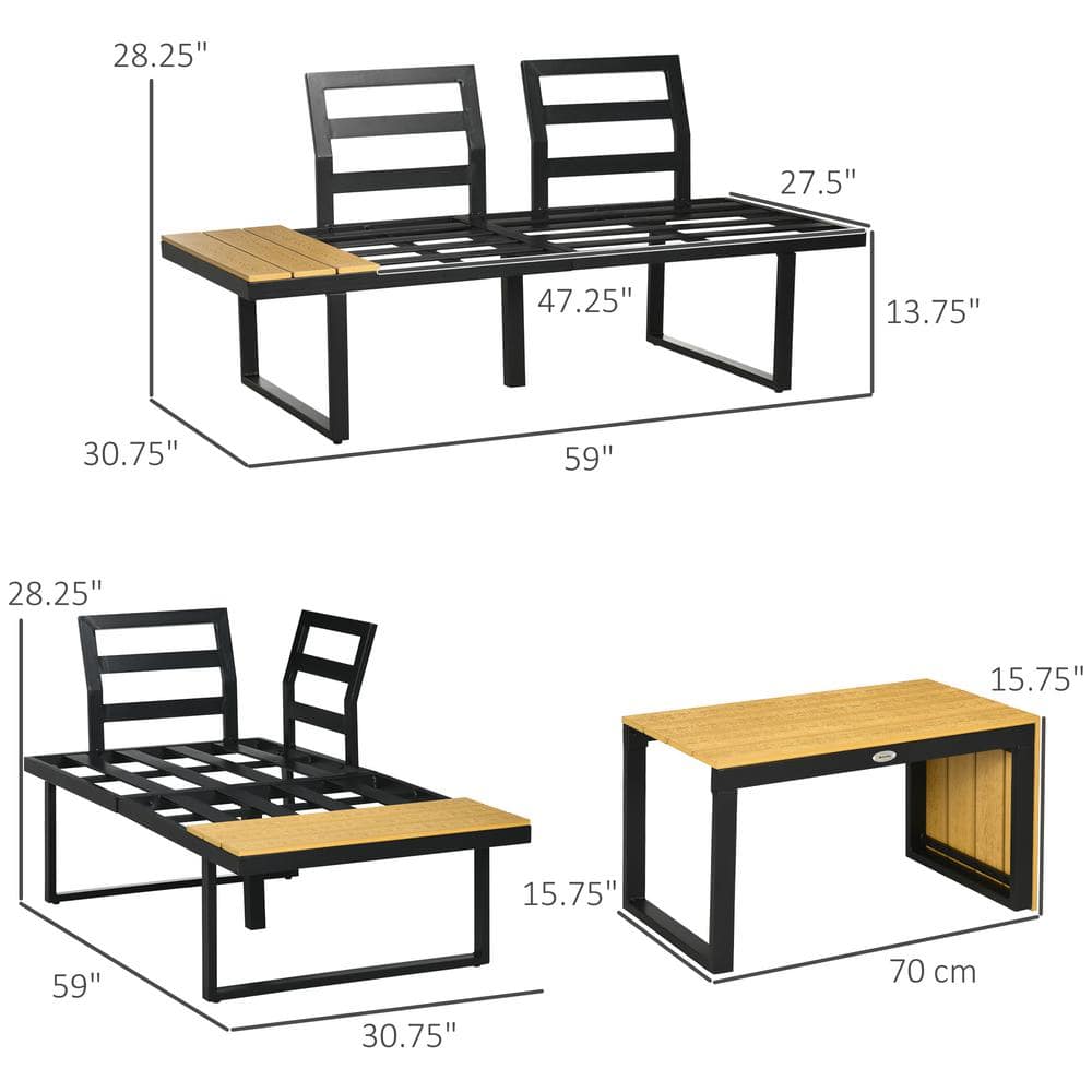Gray Cushioned Aluminum Outdoor Sectional Set with Woodgrain Table