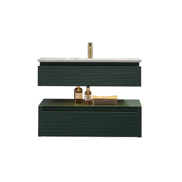 FORCLOVER 36 in. W x 20.8 in. D x 19.6 in. H Undermount Single Sink Floating Bath Vanity in Green with White Engineer Marble Top