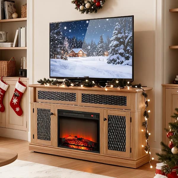 Farmhouse 58 in. Freestanding Wood Electric Fireplace TV Stand with Embossed Doors and Storage in Light Oak