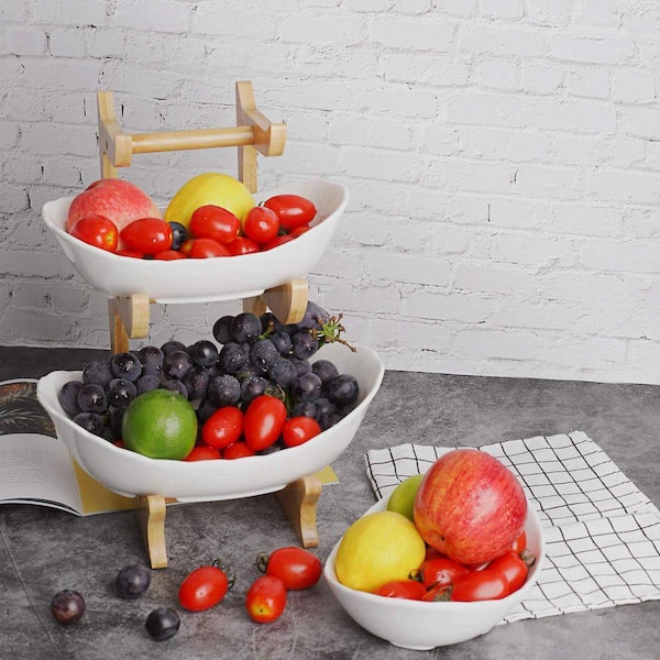 3-Piece 3-Tier Ceramic Serving Bowls with Bamboo Stand, Fruit Basket for Veg, Cake, Dessert, Snack, Salad, Kitchen Set