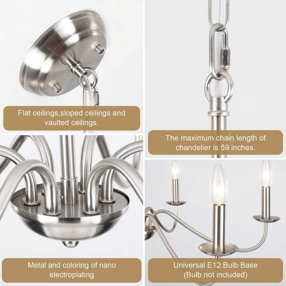 Nickel 6-Light Candle Chandelier with Tubular Arms