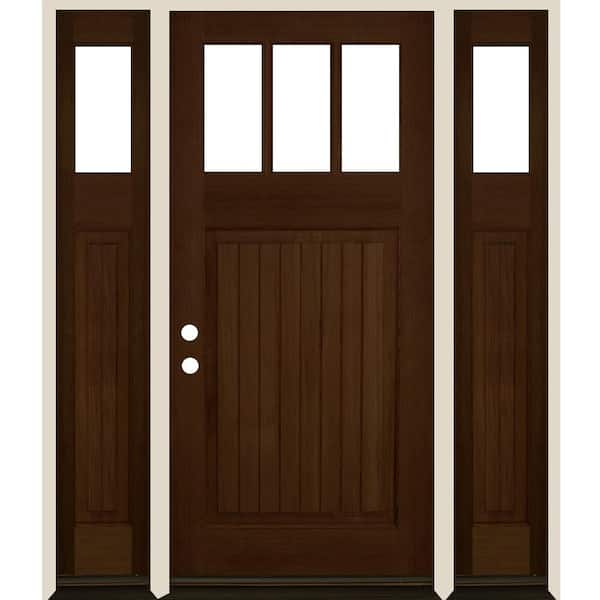 Krosswood Doors 64 in. x 80 in. Craftsman 3-Lite Clear Glass VG Provincial Stain Right Hand Hemlock Wood Prehung Front Door w/DSL