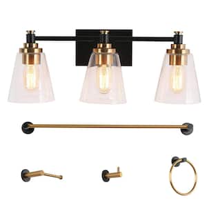 21 in. 5-Piece All-In-One 3-Light Black Bathroom Vanity Light, Modern Brass Gold Bath Lighting, Clear Glass Wall Sconce