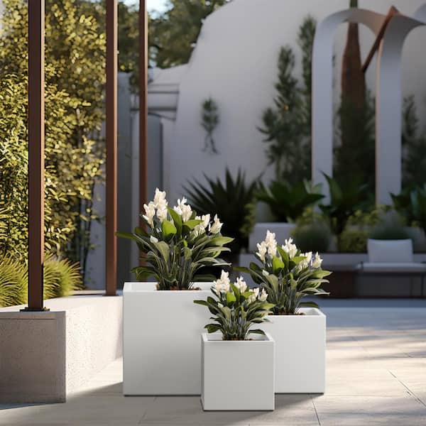 Sapcrete Modern 10 in., 12 in., 16 in. H Large Tall Crisp White Concrete Elongated Square Outdoor Planter Plant Pots (Set of 3)
