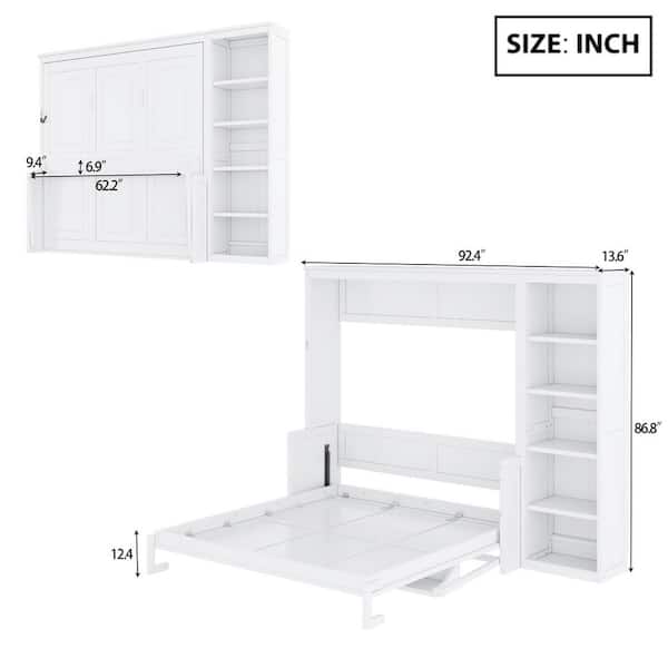 White Wood Frame Queen Size Murphy Bed Wall Bed with Integrated Desk and Storage Shelves