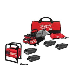 MX FUEL 3600-Watt/1800-Watt Push Start Portable Battery Powered Generator & 14 in. Cut Off Saw, 4 XC Batteries & Charger