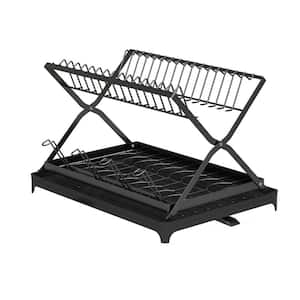 Black 2-Tier Carbon Steel Dish Rack with Cup Holder Foldable Rustproof Utensil Shelf with Drainboard