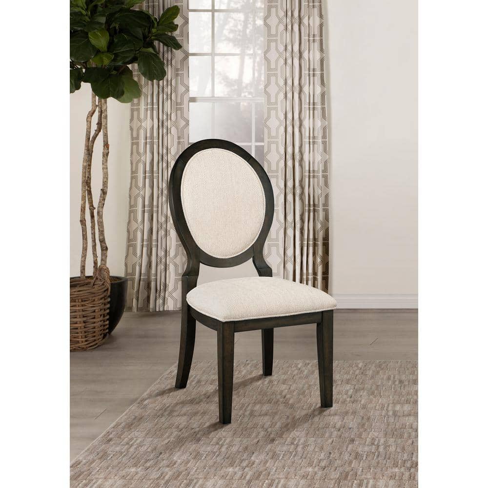 Ivory Linen Upholstered Side Chair with Dark Wood Frame