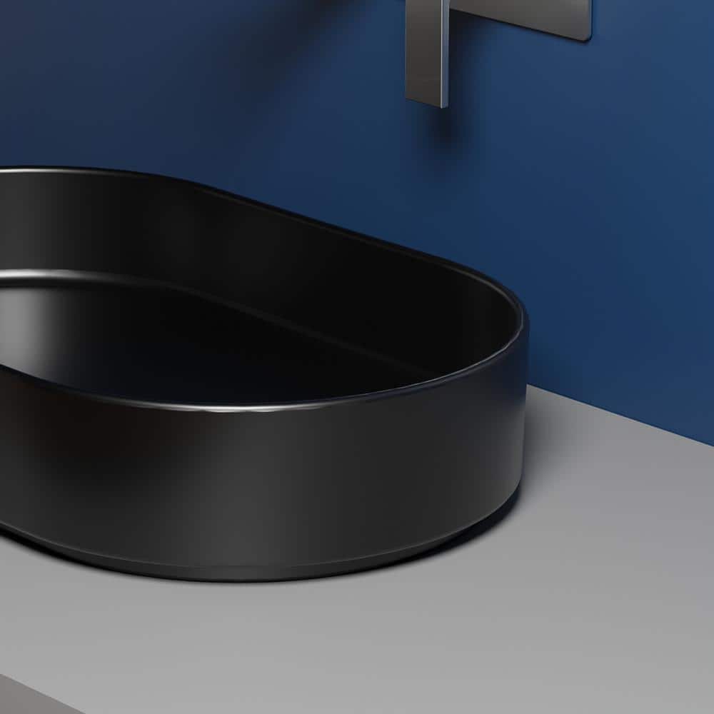 Matte Black Oval Ceramic Wall-Mount Bathroom Sink
