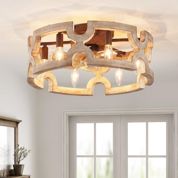 19 in. Bronze Solid Oak Wood Flush Mount Ceiling Fan with 6-Lights Farmhouse Ceiling Fan