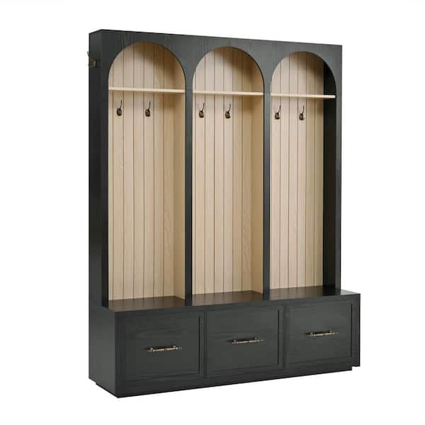 Constance 59 in. W Black Wood Entryway Hall Tree with Coat Rack, Hooks and Drawers