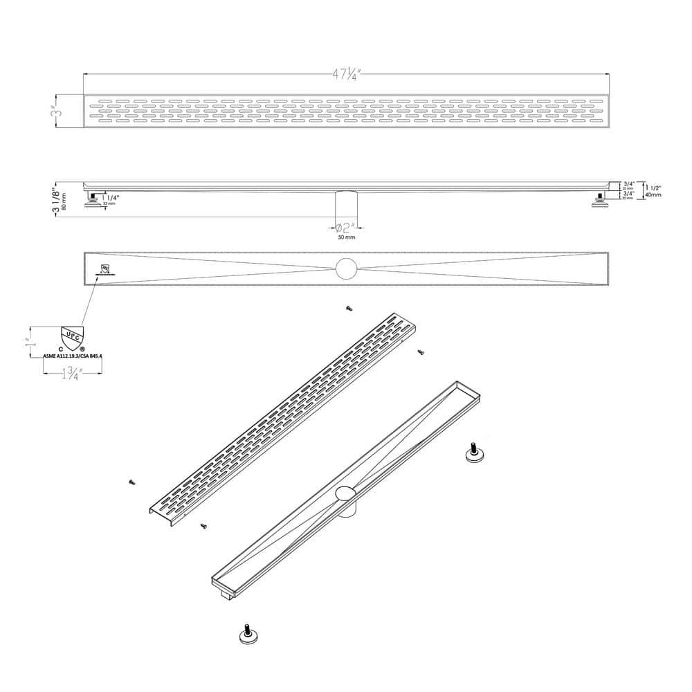 47.25" Black Matte Stainless Steel Linear Shower Drain