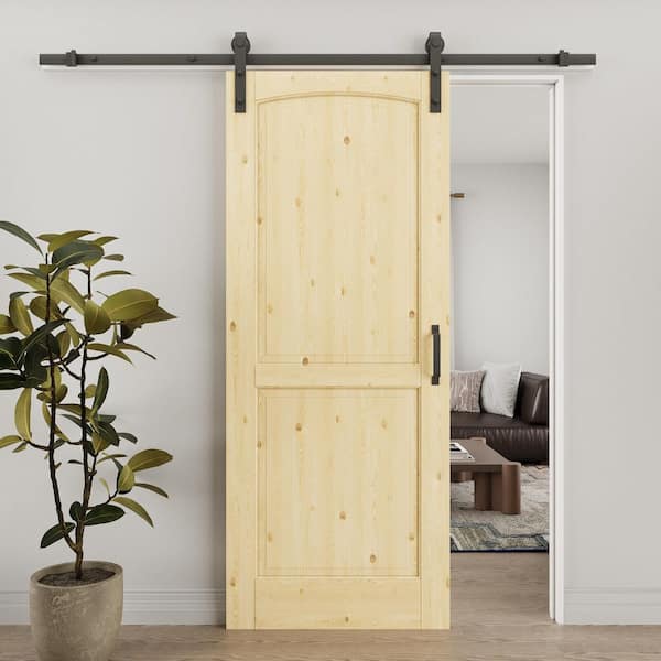 ARK DESIGN 32 in. x 80 in. Arch 2-Panel Unfinished Solid Core Pine Wood Sliding Barn Door with Hardware Kit