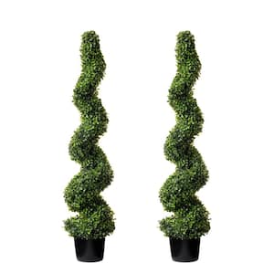48 in. Green Artificial Spiral Boxwood Topiary for Outdoors in Black Pot (2 Pack)