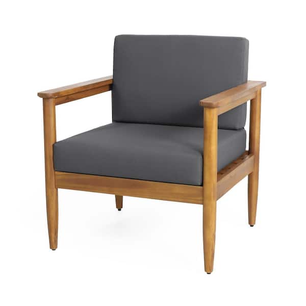 Noble House Ottawa Acacia Wood Outdoor Patio Lounge Chair with Dark Gray Cushions