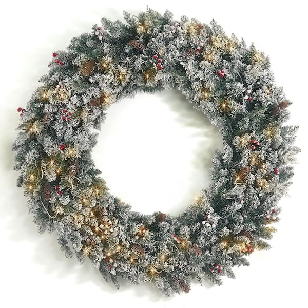 36 in. Green Pre-Lit LED Frosted Pine Artificial Christmas Wreath with Berries